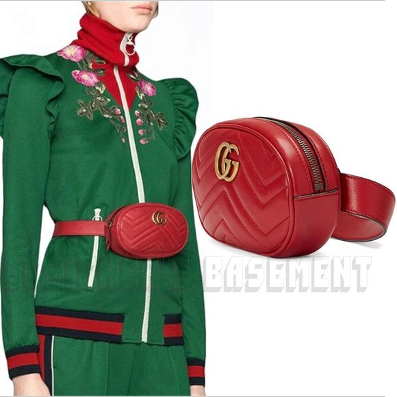 Gucci Handbags - GUCCI hibiscus red Matelasse leather 85 MARMONT GG Mini crossbody Belt BUM bag
